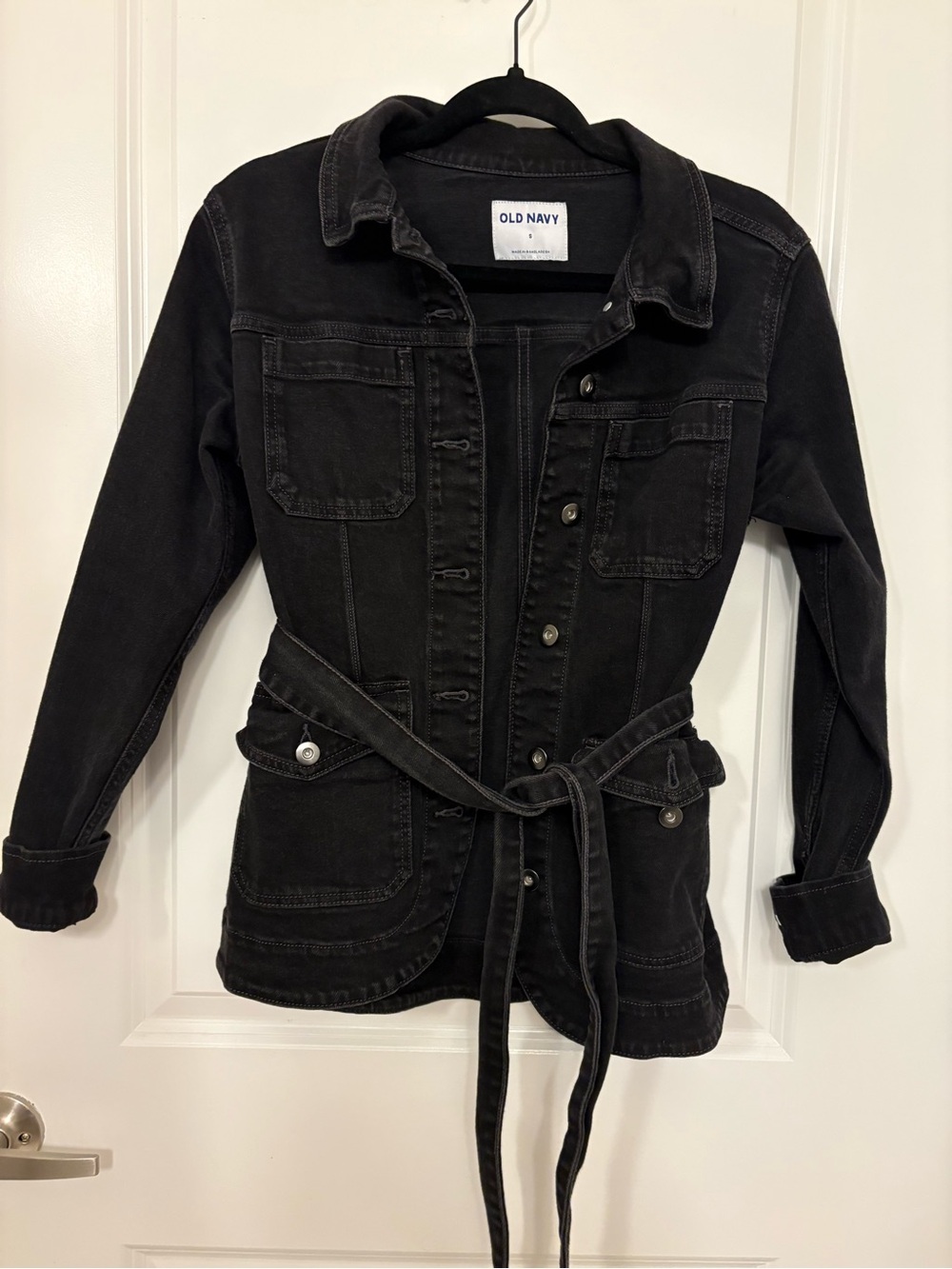 Old Navy Black Belted Jean Jacket with Chest Pockets